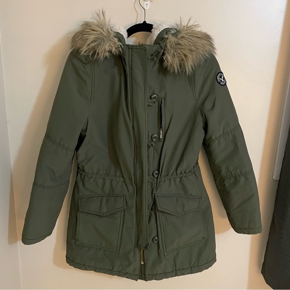 American eagle faux fur hooded sherpa lined quitted army green parka size M - Picture 3 of 15
